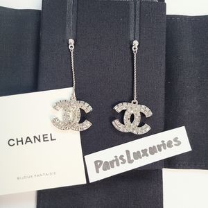 CHANEL CC Silver Baguette Chain Dangle Earrings